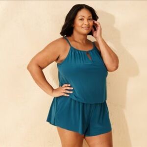 Aqua Green NWT High Neck One Pice Swim Romper with Pockets Size 24 W